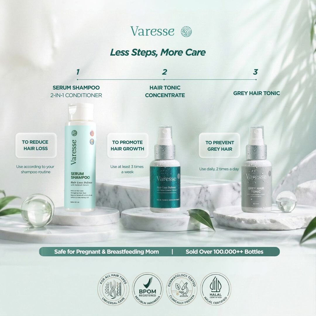 Rutinitas Varesse 3 langkah: Serum Shampoo 2-in-1 Conditioner untuk mengurangi kerontokan, Hair Tonic Concentrate untuk mempercepat pertumbuhan rambut, dan Grey Hair Tonic untuk mencegah uban